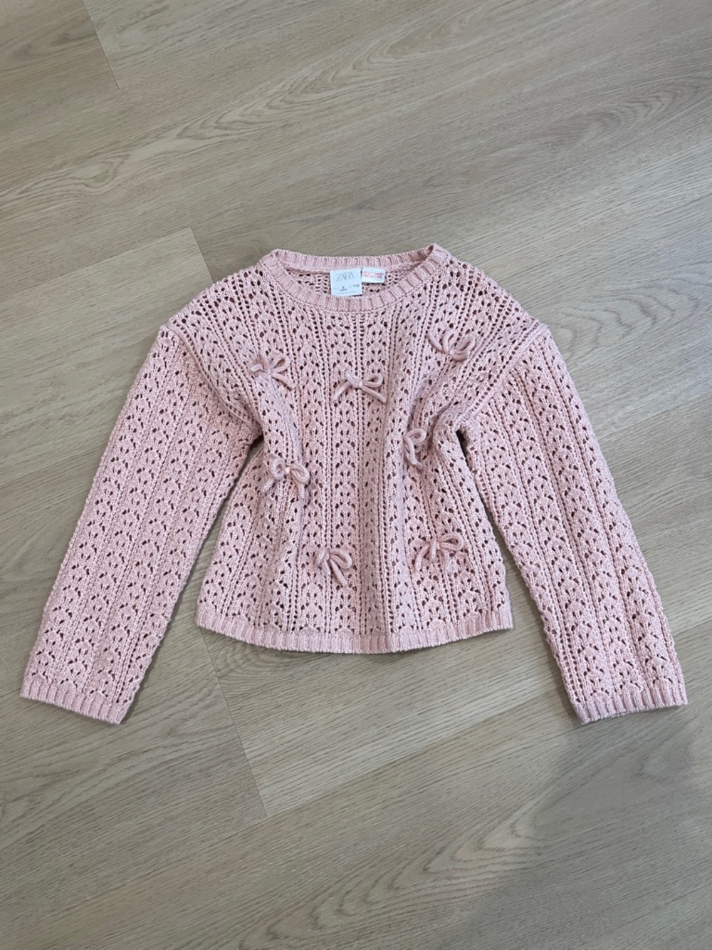 Zara Blush Pink Open-Knit Bow Detail Crewneck Sweater
